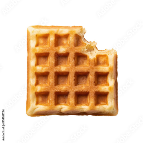 Golden Belgian Waffle with a Bite Missing Isolated on White Background