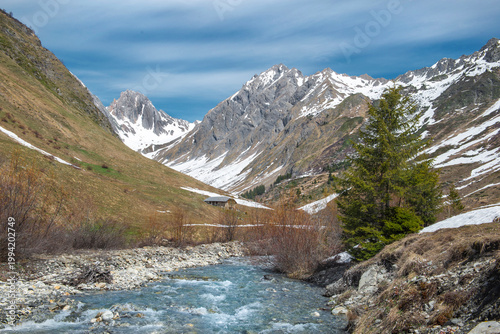 beautiful springtime landscape in French Alps in Tarentaise valley with rocky...