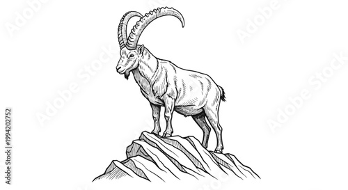 Majestic Ibex Animal Drawing Standing Proudly on Rugged Mountain Peak
