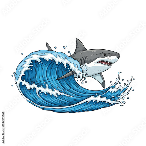 Shark breaching a blue ocean wave