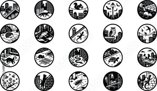 Unusual urban wildlife vector icons set, black line icons rooftop raccoons foxes squirrels bats owls geckos cats insects CAD illustration
