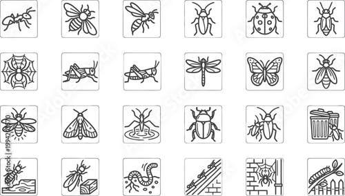 Urban insect vector icons set, black line small critters icons, ants bees spiders cockroaches butterflies dragonflies beetles fireflies CAD illustration