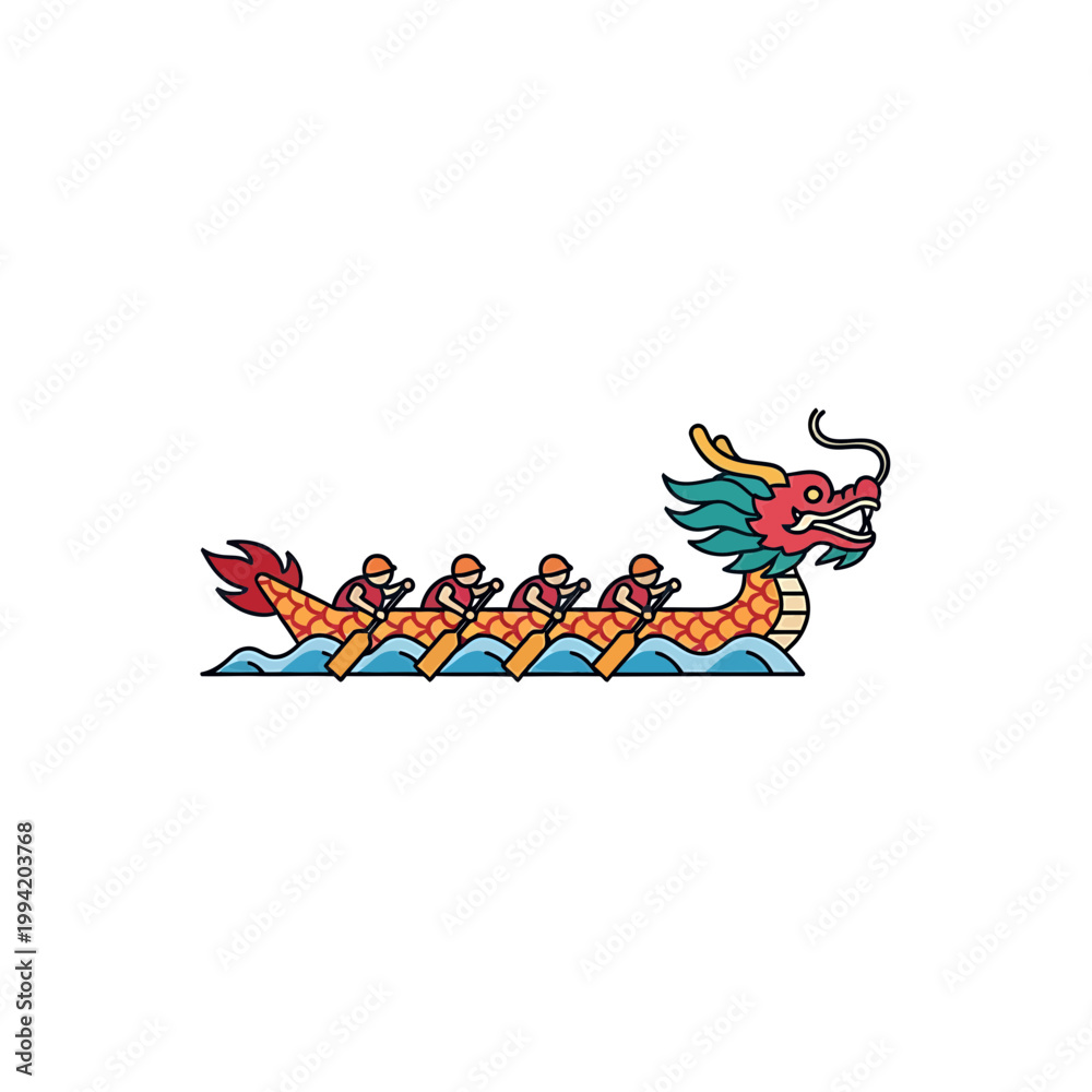 Fototapeta premium Dragon boat racing vector illustration with team rowing on waves
