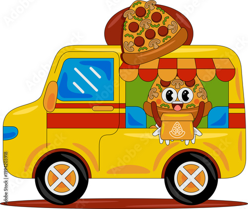 Cute Pizza Food Truck Illustration