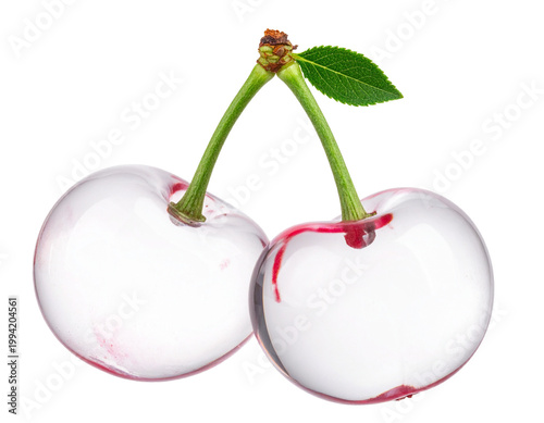 two fragile glass cherries with green leaf isolated on transparent background