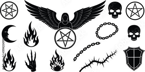 Dark Occult Silhouette Icons Set with Wings Skull Symbols