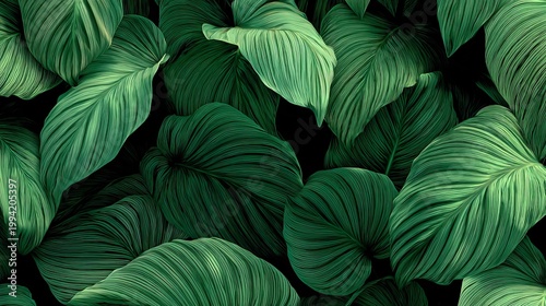 A close-up view of large green leaves with prominent veins on a dark background