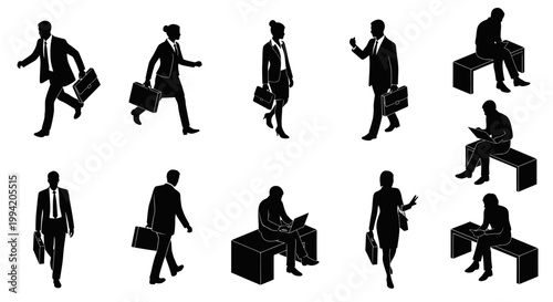 business people silhouettes in various poses and actions with briefcases and laptops