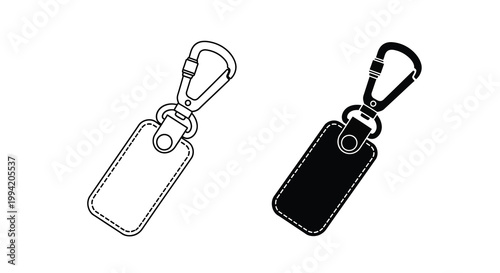 A black and white illustration depicts two identical keychains with leather tags and carabiner clips high quality professional