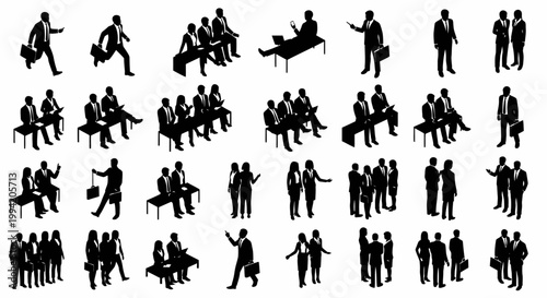 isometric silhouette vector set of business people in corporate life scenes showing professionals working and networking.