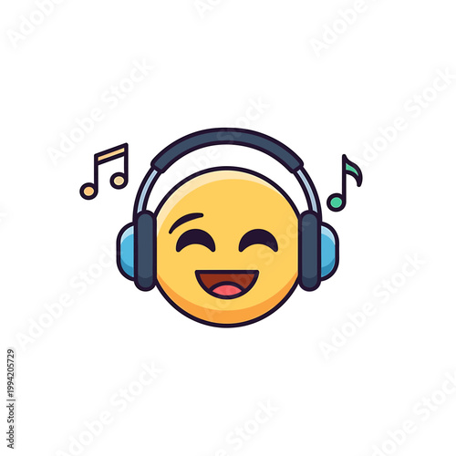 Happy yellow smiley face character wearing headphones listening to music