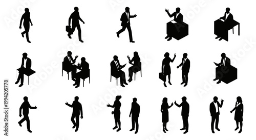 isometric black silhouette business people in various professional poses and activities