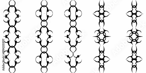 Black tribal patterns arranged vertically resembling ornamental designs