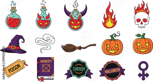 Halloween Potion Horror Icons Set with Pumpkin Cursed Symbols