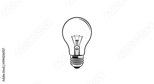 A simple black and white line drawing depicts a classic lightbulb showcasing its glass enclosure and metallic base