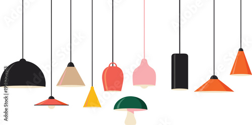 Modern Hanging Pendant Light Set with Minimalist Ceiling Lamps in Various Shapes and Colors for Interior Design, Home Decor, Lighting Catalog and UI Illustration