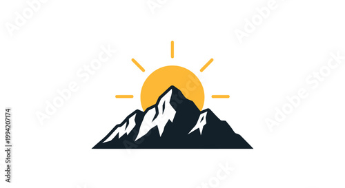 Sunrise Over Mountain Peaks, Nature Landscape Logo Concept, Minimalist Vector