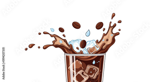 Refreshing Iced Coffee Splash with Beans and Ice Cubes