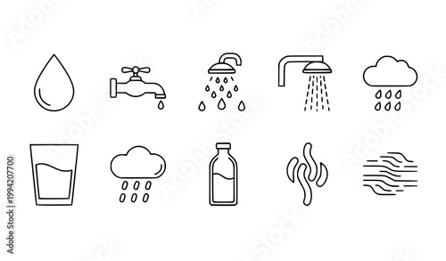 Water and hydration line icon vector set with drop glass shower and clean drinking symbols editable stroke