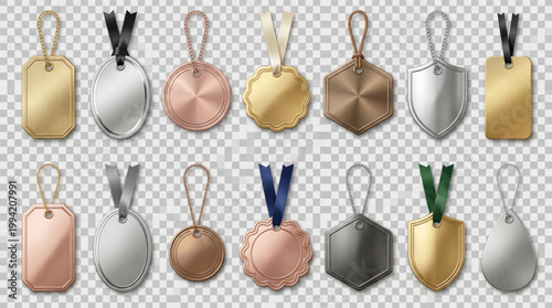 Metallic price tags set, luxury gold silver bronze rose gold metal labels, blank jewelry tag collection with ribbons and chains, premium sale hanging badges, luxury retail branding elements.