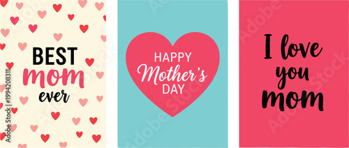Billede på lærred Set of Mother’s Day greeting cards with hearts typography best mom ever and love
