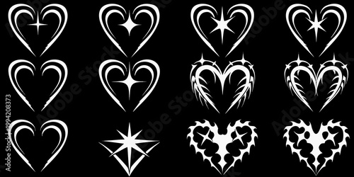 Collection of white heart and star shaped designs on a black background