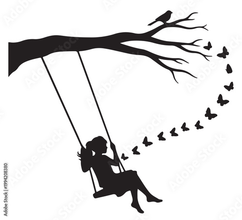 Joyful silhouette of a girl on a swing, beneath a tree with a bird and butterflies. It evokes themes of freedom, imagination, and blissful childhood dreams in nature's embrace