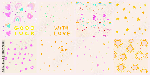 Colorful whimsical pattern with positive messages and scattered confetti elements