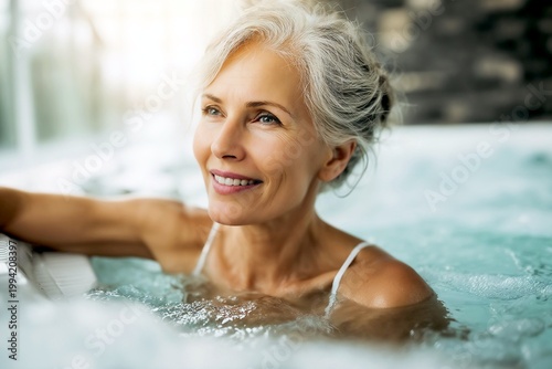 Portrait beautiful senior, mature woman with elegant gray hair enjoying a relaxing moment in a luxurious hot tub, bath, spa smiling peacefully and looking blissfully happy and content, indoors