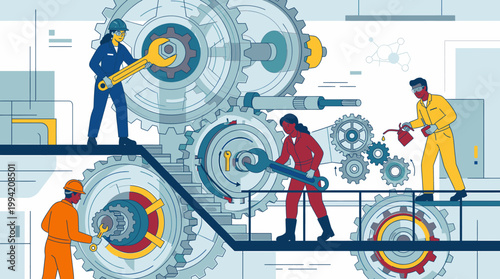 Industrial Workforce Collaborating to Maintain Complex Machinery and Gears Illustrating Teamwork