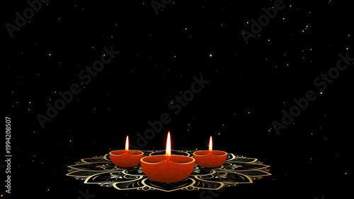 Happy Diwali Greeting card with lit clay diya lamps 