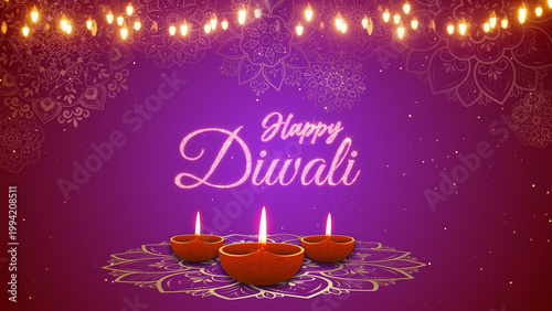 Happy Diwali Greeting card with lit clay diya lamps 