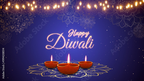 Happy Diwali Greeting card with lit clay diya lamps 