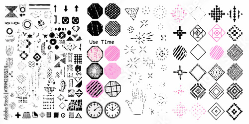 Collection of abstract geometric shapes and patterns in monochrome and pink