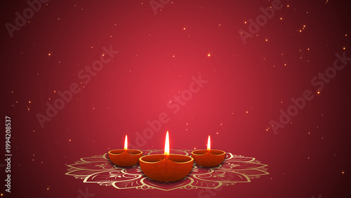 Happy Diwali Greeting card with lit clay diya lamps 