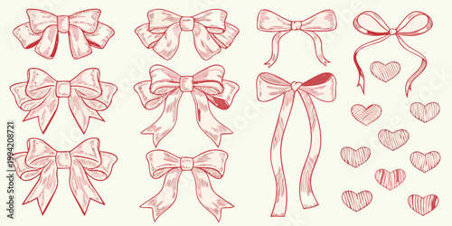 A collection of hand drawn red ribbon bows and delicate heart shapes