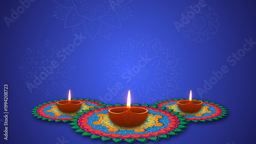 Happy Diwali Greeting card with lit clay diya lamps 