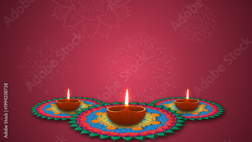 Happy Diwali Greeting card with lit clay diya lamps 