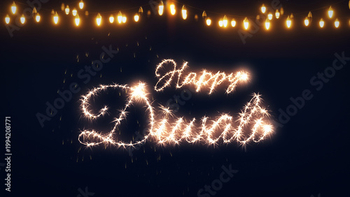 Happy Diwali Greeting card with lit clay diya lamps 