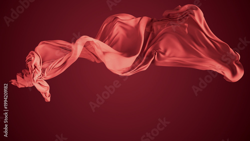 Red Satin or silk cloth flying in the wind on red background