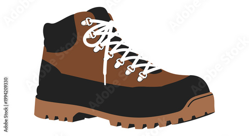 A detailed illustration of a brown hiking boot with white laces presented as a flat graphic silhouette high quality professional modern