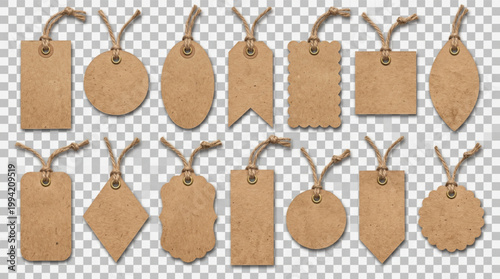 Kraft paper tags set, brown blank labels with twine strings and metal eyelets collection, cardboard gift hang tags mockup, price tag icons in various shapes: circle, square, oval, banner, wavy.