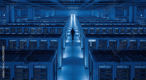 Unrecognizable person walking through a vast data center filled with glowing server racks. A long corridor extends towards a brightly lit doorway, representing innovation.