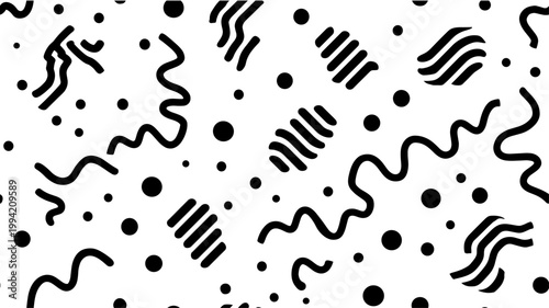 Abstract seamless pattern creating a dynamic maze with dashed lines and scattered dots. Abstract black and white geometric dashed pattern