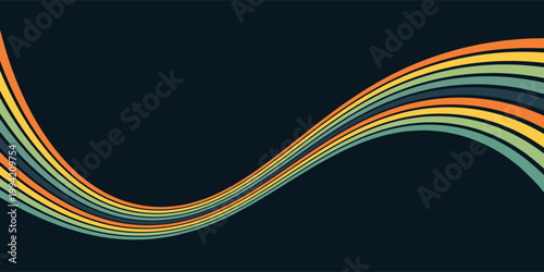 Abstract colorful 70s background vector. Vintage retro wallpaper with rainbow stripes and wavy lines. A 1970 color illustration suitable for posters, banners, decorative items and wall art.