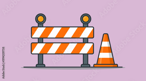 Construction Barricade and Cone Blocking Road Section with Flashing Lights