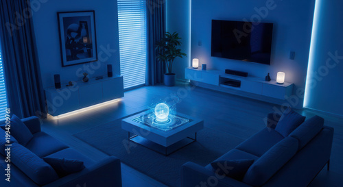 Modern living room with blue ambient lighting, showcasing a glowing holographic globe on a coffee table. Futuristic smart home and global data.