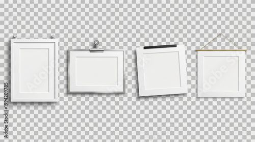 Picture frame mockup set, white photo frames with matting, poster frame collection with binder clip, hanging wire, black tape, and pins on transparent background, minimalist gallery wall template.