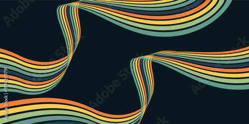 Abstract colorful 70s background vector. Vintage retro wallpaper with rainbow stripes and wavy lines. A 1970 color illustration suitable for posters, banners, decorative items and wall art.