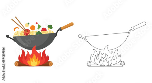 Fotografía A colorful illustration depicts a wok with noodles and vegetables alongside its